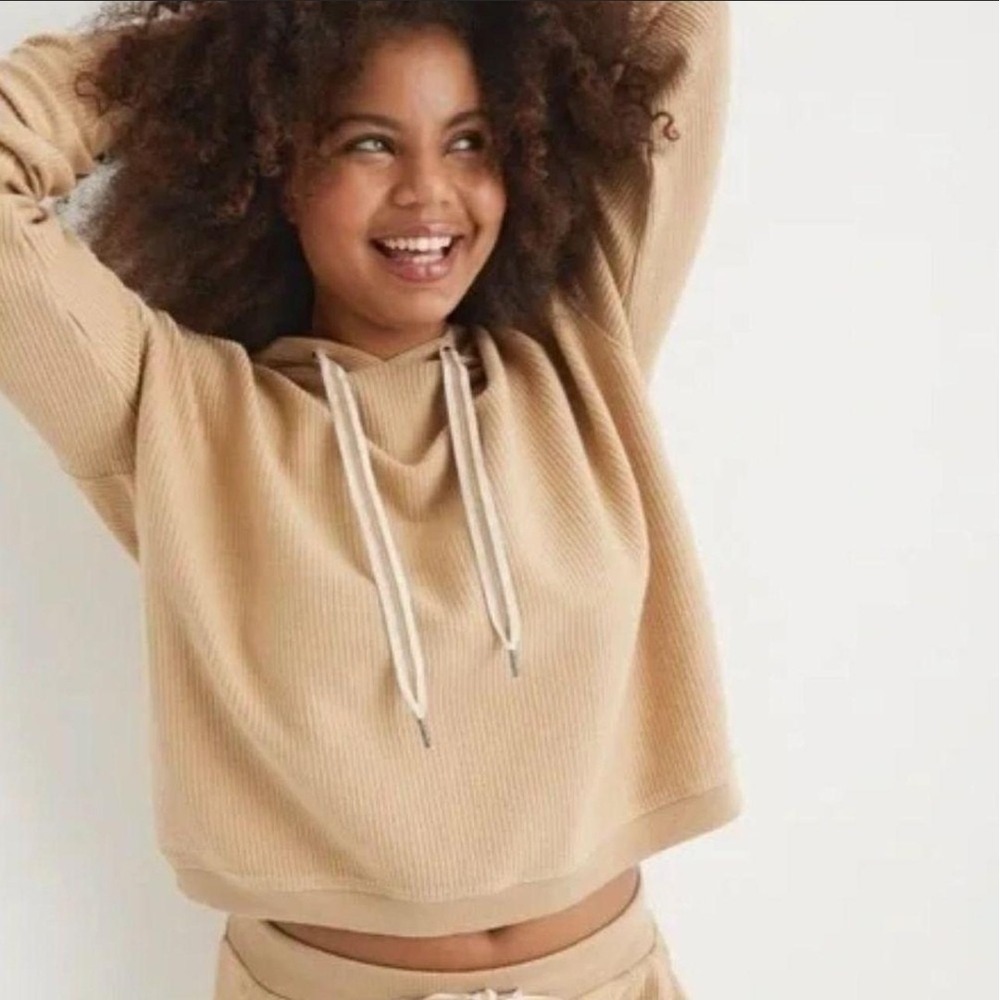 Aerie Tan Crop Sweatshirt Ribbed/Corduroy Size XS Oversized Cotton Hooded